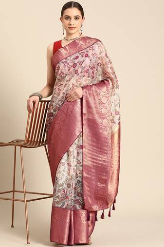 Silk Land  Beige  Digital Print Art Silk Saree 
