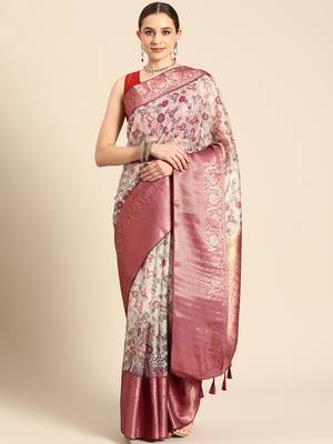 Silk Land  Beige  Digital Print Art Silk Saree  2