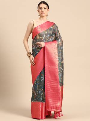Silk Land  Grey  Digital Print Art Silk Saree  1