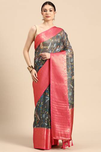 Silk Land  Grey  Digital Print Art Silk Saree 