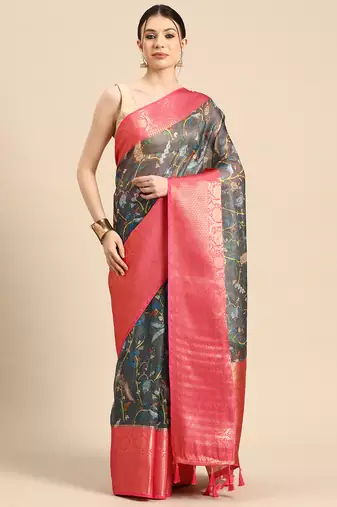 Silk Land  Grey  Digital Print Art Silk Saree 