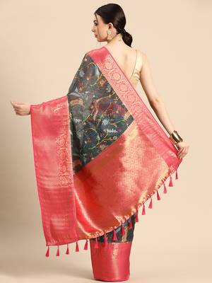 Silk Land  Grey  Digital Print Art Silk Saree  2