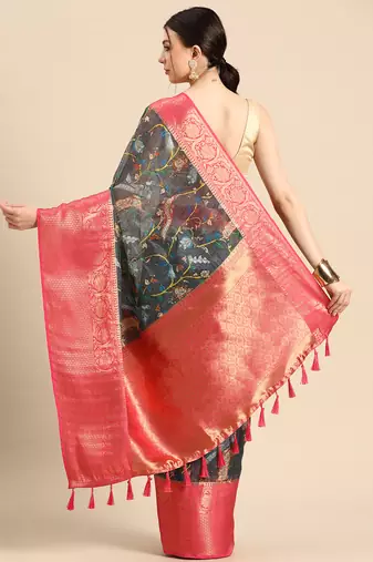 Silk Land  Grey  Digital Print Art Silk Saree 