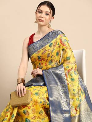 Silk Land  Yellow  Digital Print Art Silk Saree  1