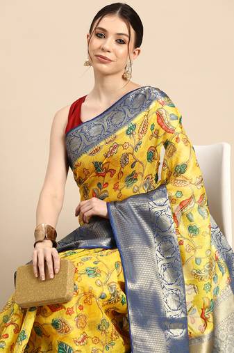 Silk Land  Yellow  Digital Print Art Silk Saree 