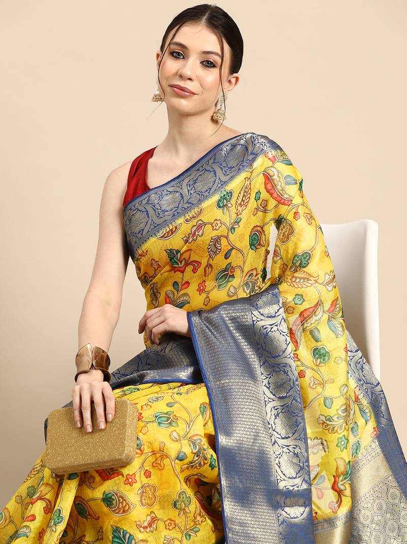 Silk Land  Yellow  Digital Print Art Silk Saree 