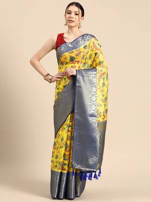 Silk Land  Yellow  Digital Print Art Silk Saree  2