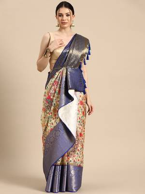 Silk Land  Beige  Digital Print Art Silk Saree  1