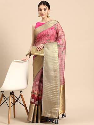 Silk Land  Beige  Digital Print Art Silk Saree  1