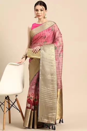 Silk Land  Beige  Digital Print Art Silk Saree 