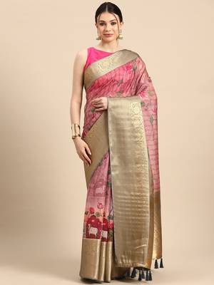 Silk Land  Beige  Digital Print Art Silk Saree  2