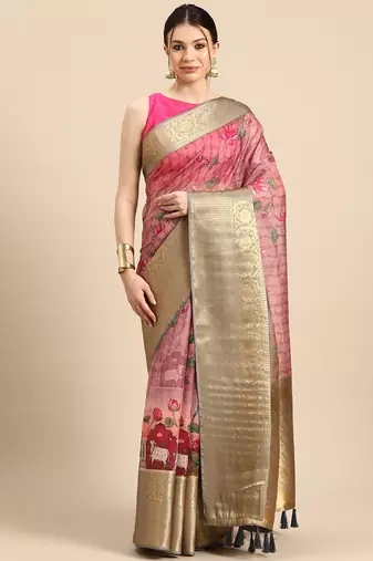 Silk Land  Beige  Digital Print Art Silk Saree 