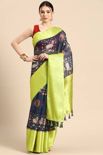 Silk Land  Navy Blue  Digital Print Art Silk Saree 