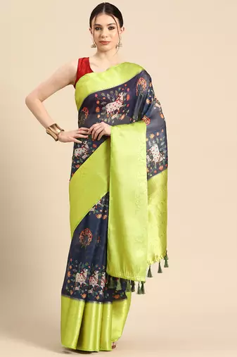 Silk Land  Navy Blue  Digital Print Art Silk Saree 