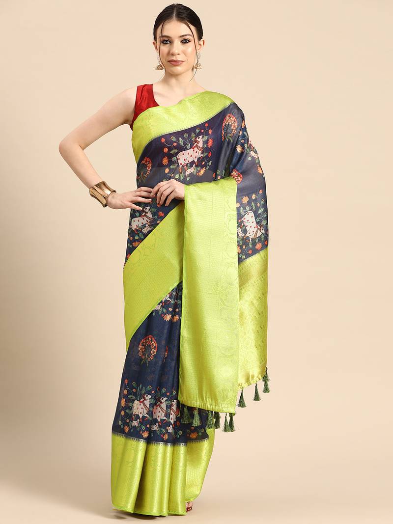 Silk Land  Navy Blue  Digital Print Art Silk Saree 