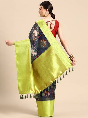 Silk Land  Navy Blue  Digital Print Art Silk Saree  2
