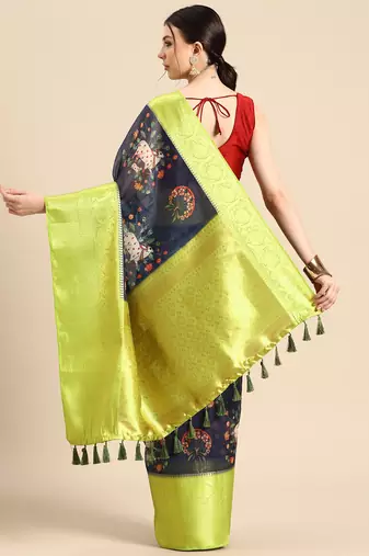 Silk Land  Navy Blue  Digital Print Art Silk Saree 