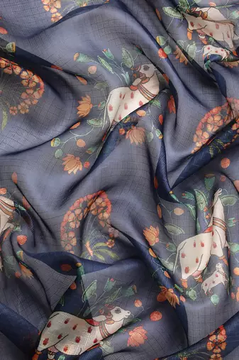 Silk Land  Navy Blue  Digital Print Art Silk Saree 