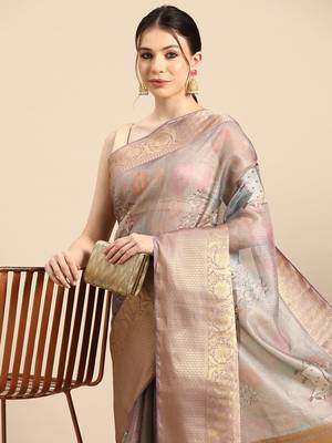 Silk Land  Grey  Digital Print Art Silk Saree  1