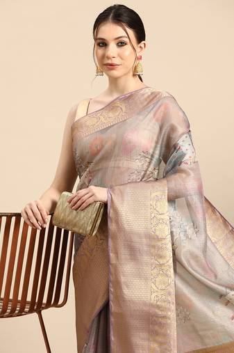 Silk Land  Grey  Digital Print Art Silk Saree 