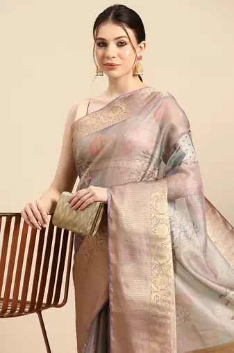 Silk Land  Grey  Digital Print Art Silk Saree 