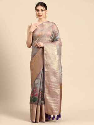 Silk Land  Grey  Digital Print Art Silk Saree  2