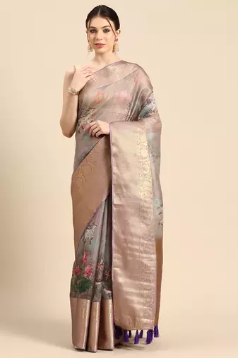 Silk Land  Grey  Digital Print Art Silk Saree 