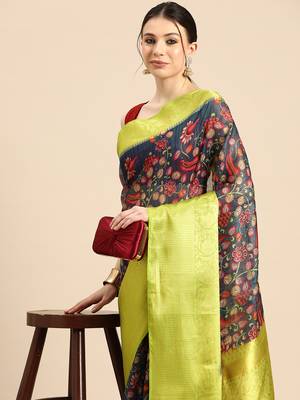 Silk Land  Navy Blue  Digital Print Art Silk Saree  1