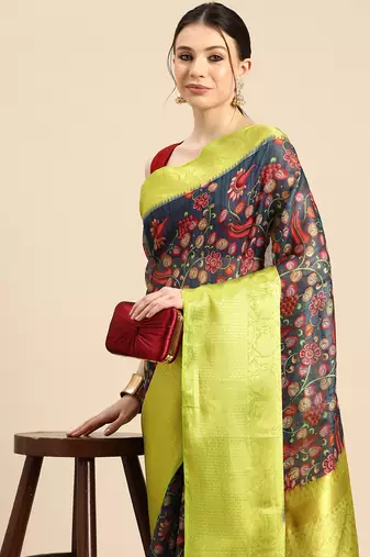 Silk Land  Navy Blue  Digital Print Art Silk Saree 