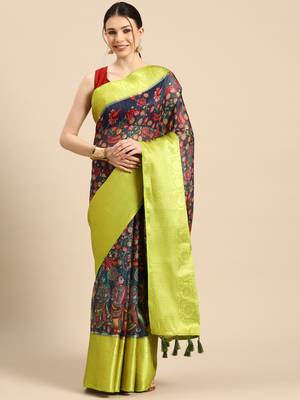 Silk Land  Navy Blue  Digital Print Art Silk Saree  2