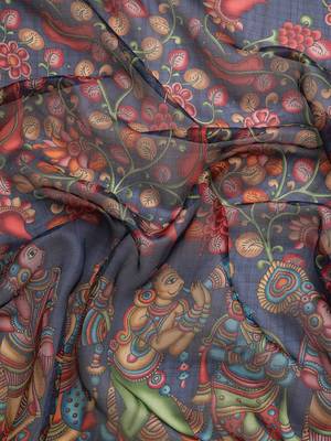 Silk Land  Navy Blue  Digital Print Art Silk Saree  3