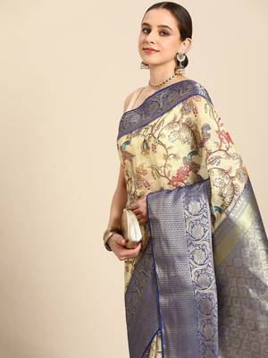 Silk Land  Beige  Digital Print Art Silk Saree  1