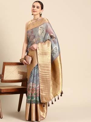 Silk Land  Grey  Digital Print Art Silk Saree  1
