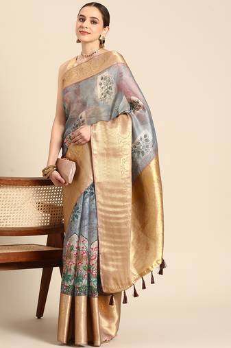 Silk Land  Grey  Digital Print Art Silk Saree 