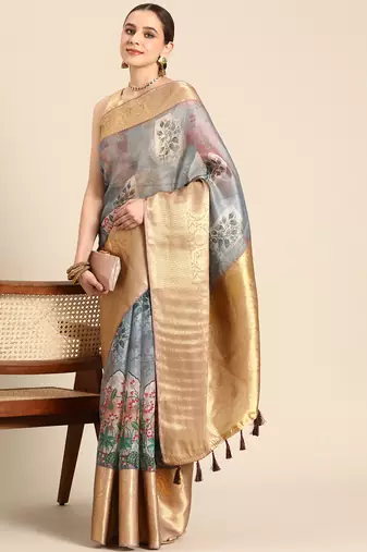 Silk Land  Grey  Digital Print Art Silk Saree 