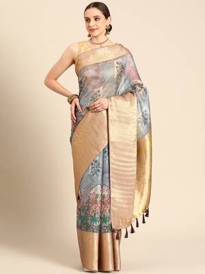 Silk Land  Grey  Digital Print Art Silk Saree  2