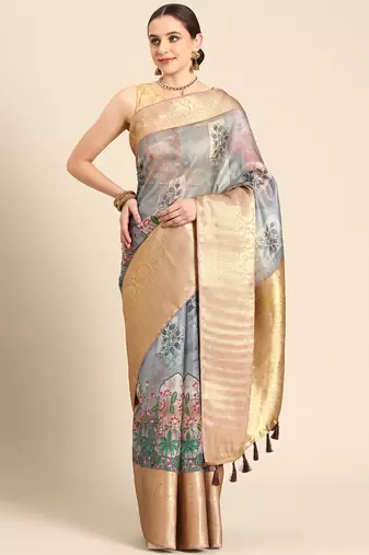 Silk Land  Grey  Digital Print Art Silk Saree 
