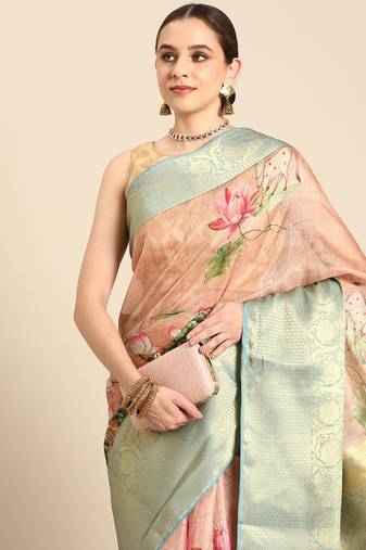 Silk Land  Peach  Digital Print Art Silk Saree 