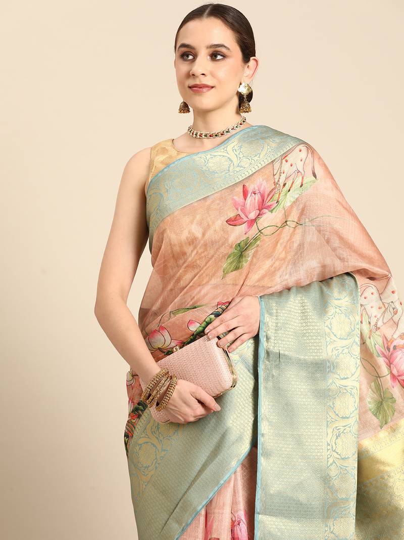 Silk Land  Peach  Digital Print Art Silk Saree 