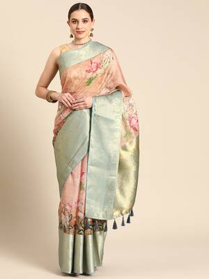 Silk Land  Peach  Digital Print Art Silk Saree  2