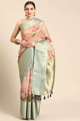 Silk Land  Peach  Digital Print Art Silk Saree 