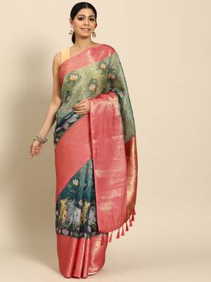 Silk Land  Green  Digital Print Art Silk Saree  2