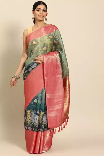 Silk Land  Green  Digital Print Art Silk Saree 