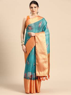 Silk Land  Teal  Digital Print Art Silk Saree  1