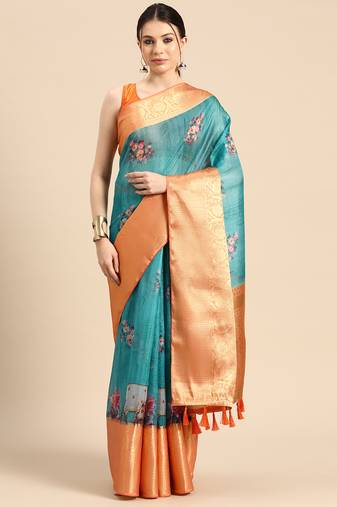 Silk Land  Teal  Digital Print Art Silk Saree 