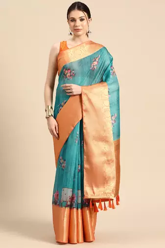 Silk Land  Teal  Digital Print Art Silk Saree 