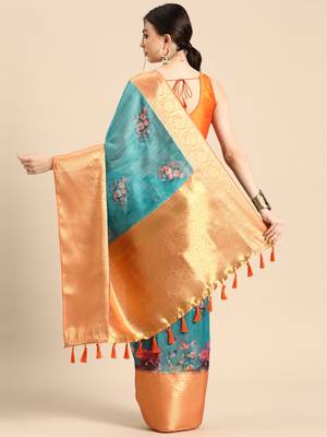 Silk Land  Teal  Digital Print Art Silk Saree  2