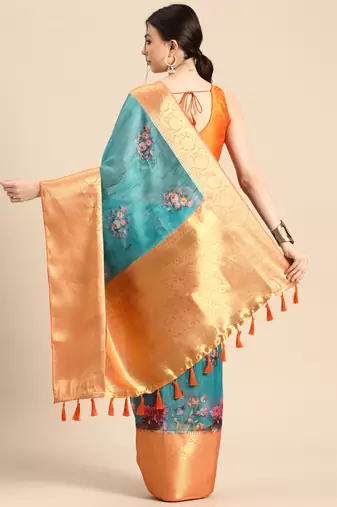 Silk Land  Teal  Digital Print Art Silk Saree 
