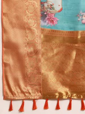 Silk Land  Teal  Digital Print Art Silk Saree  5