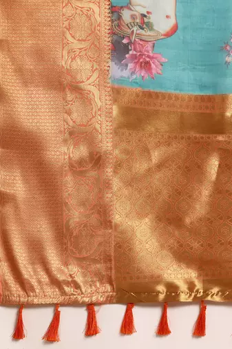 Silk Land  Teal  Digital Print Art Silk Saree 